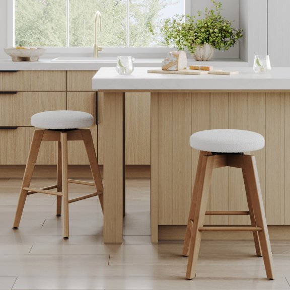 Nathan James Amalia Bohemian Swivel Bar Stool, Backless Counter Height Boucle Counter Stool with Solid Wood Legs and Upholstered Seat, White Oak