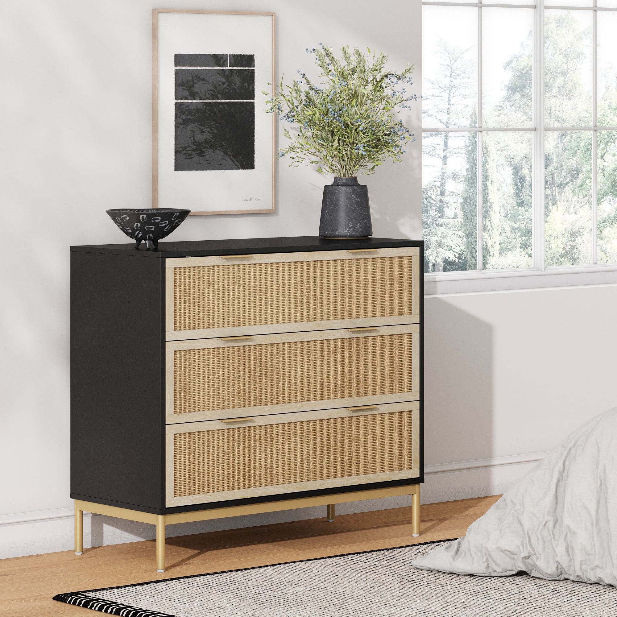Nathan James Andrew 3-Drawer Chest Rattan Dresser, Bohemian Deep Drawer Dresser for Bedroom with Natural Rattan Accent and Metal Legs, Matte Black