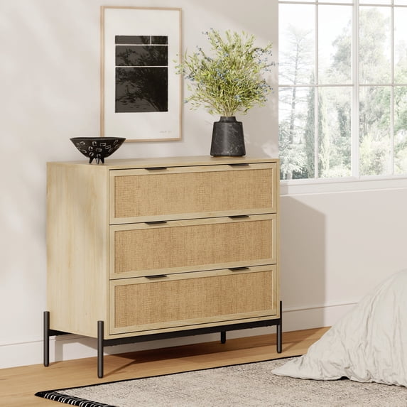 Nathan James Andrew 3-Drawer Rattan Dresser or Boheminan Living Room Storage Cabinet with Natural Rattan Accent and Metal Legs, Light Oak/Black