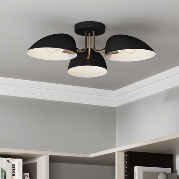 Nathan James Argo Semi Flush Ceiling Mount 3-Light Fixture with Retro Black Rounded Shade for Hallway, Kitchen or Bedroom