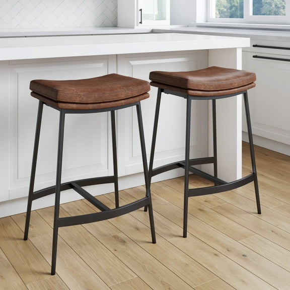 Nathan James Arlo Modern Backless Upholstered Kitchen Counter Bar Stool with Double-Layered Saddle Seat and Black Metal Base, Brown/ Matte Black, Set of 2