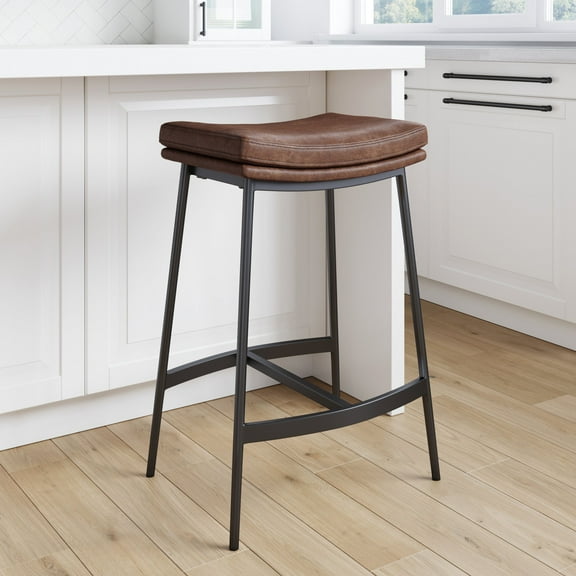 Nathan James Arlo Modern Backless Upholstered Kitchen Counter Bar Stool with Saddle Seat and Metal Base, Brown/ Matte Black