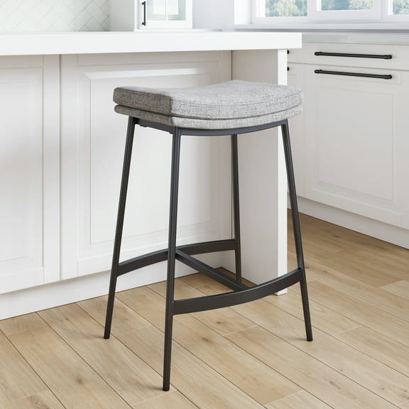 Nathan James Arlo Modern Backless Upholstered Kitchen Counter Bar Stool with Saddle Seat and Metal Base, Grey/ Matte Black