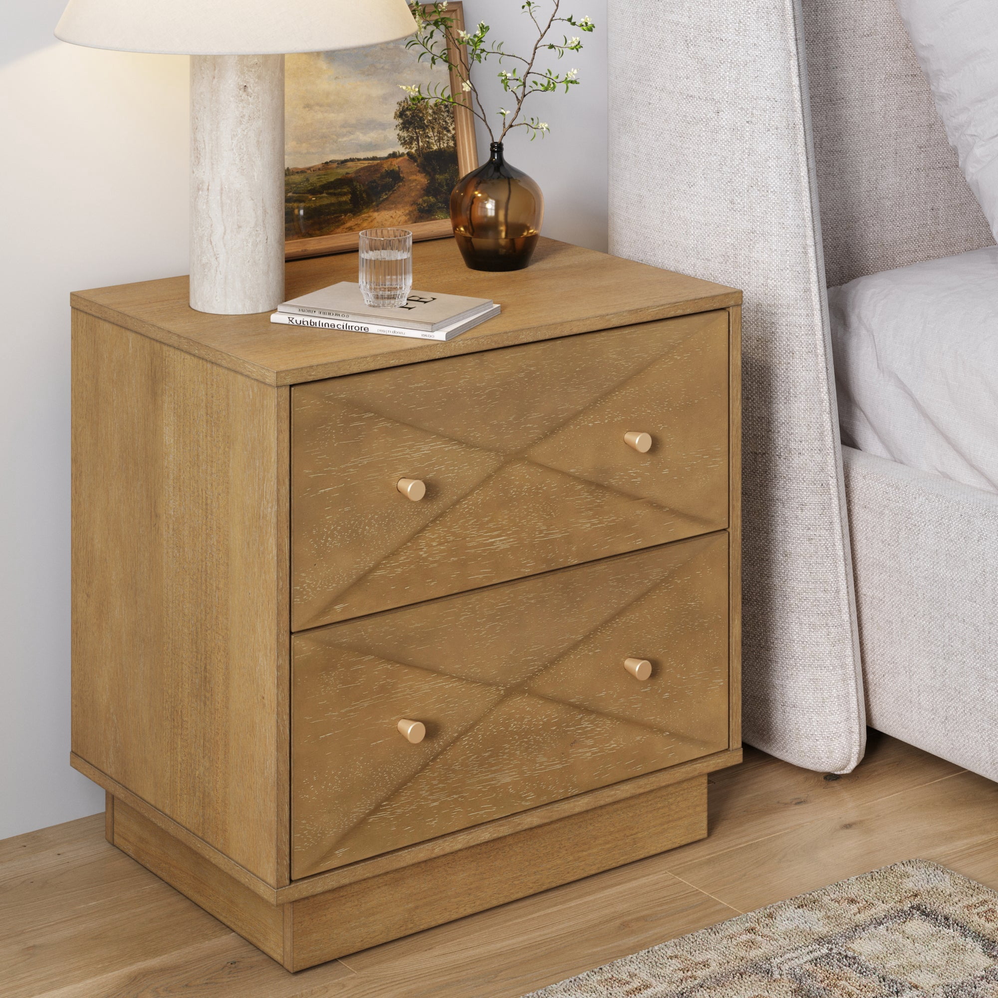 Nathan James Ashen Mid Century Modern Geometric Wood Nightstand, 2 Drawer Nightstand with Carved Accent and Solid Wood Frame, Light Brown