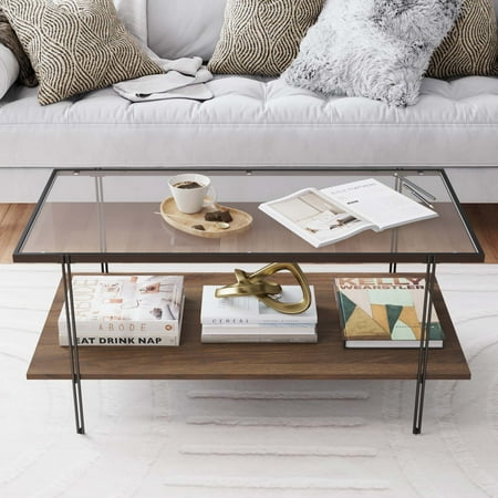 Nathan James Asher Mid-Century Rectangle Coffee Table with Glass Top and Walnut Floating Shelf Black Metal Legs