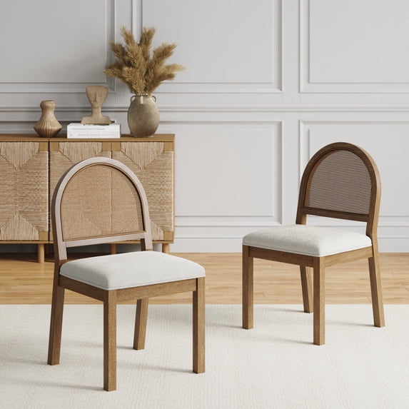 Nathan James Bailey 19 in. Boucle Dining Chair, Upholstered Side Chair with Natural Woven Rattan Back and Solid Wood Legs, Light Brown, Set of 2