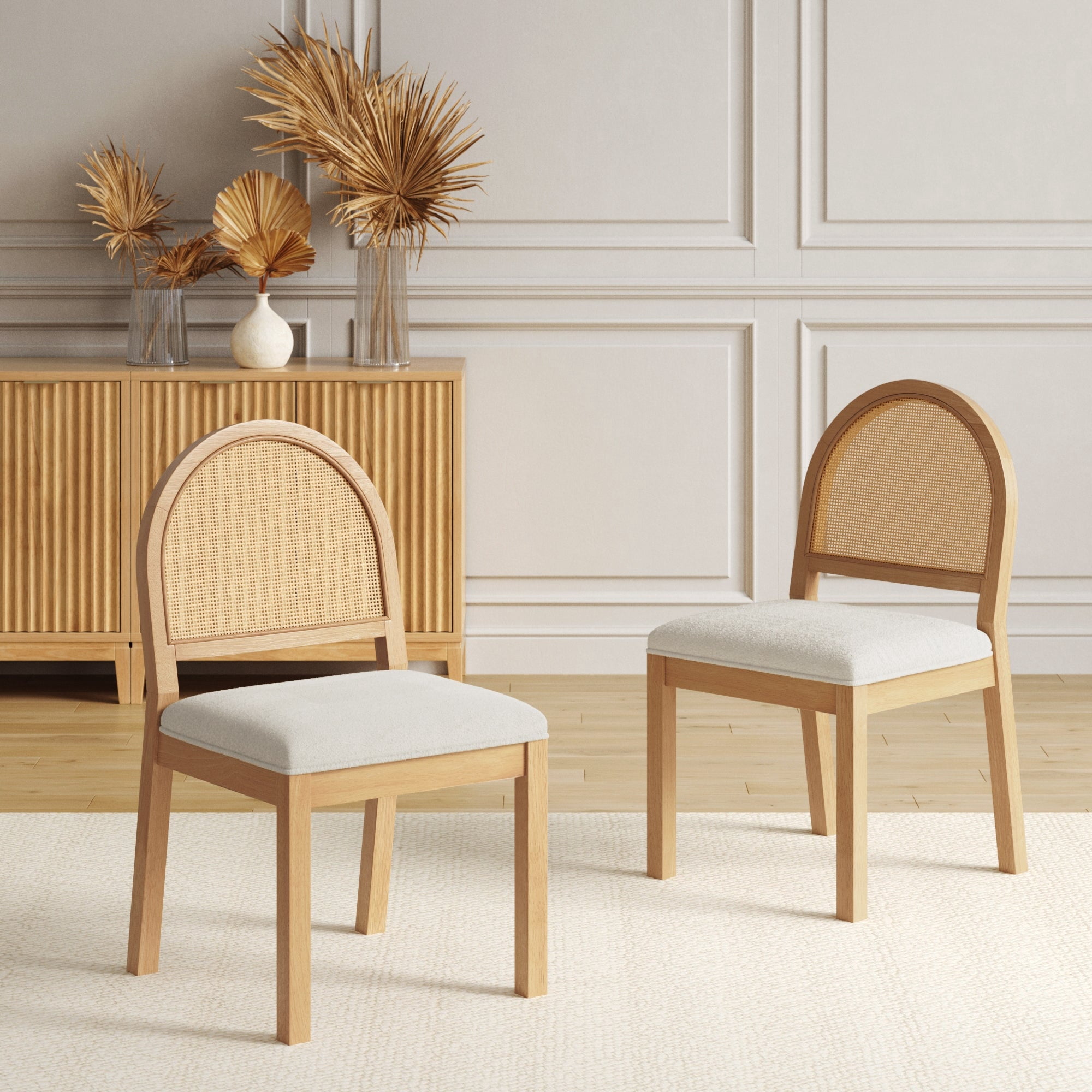 Nathan James Bailey 19 in. Boucle Dining Chair, Upholstered Side Chair with Natural Woven Rattan Back and Solid Wood Legs, Natural Brown, Set of 2