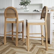 Nathan James Bailey 29 in. Boucle Bar Stool with Back, Bar Height Chair with Natural Woven Rattan Back and Solid Wood Legs, Light Brown, Set of 2