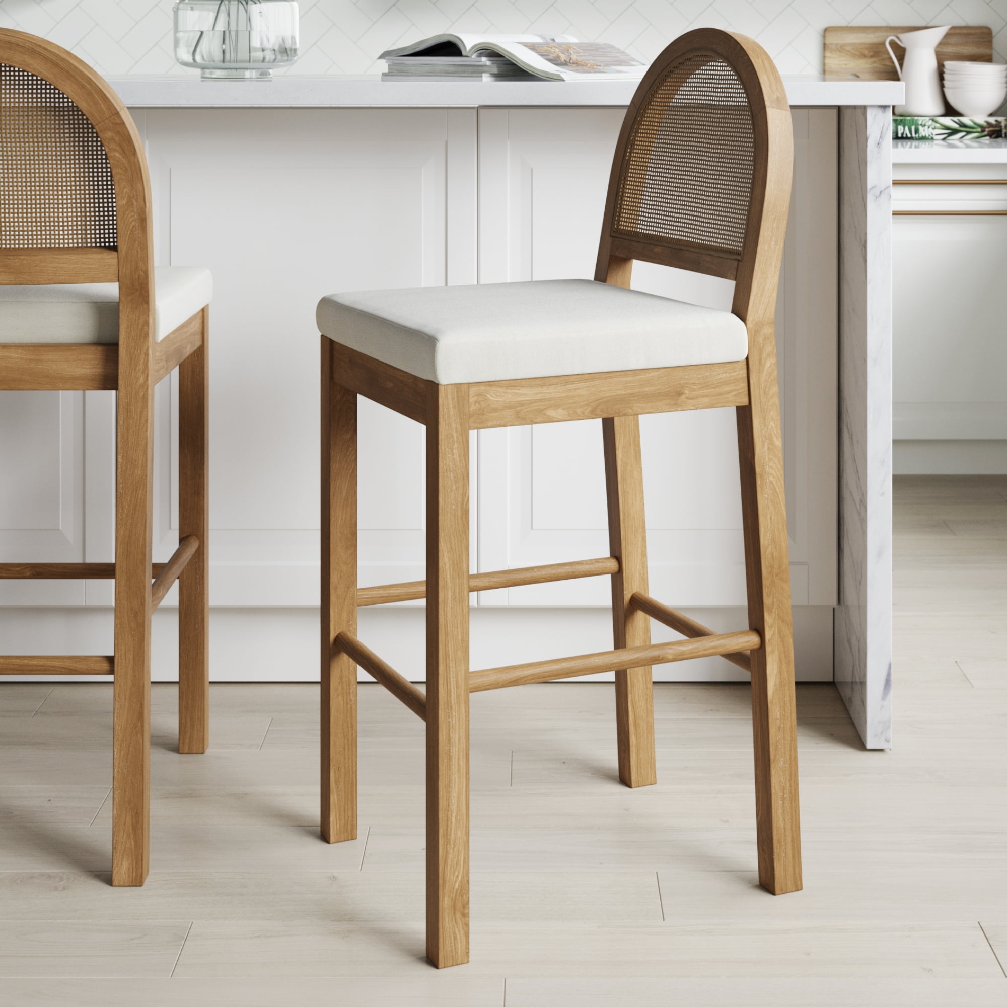 Bailey Cream Boucle and Rattan Back Bar Stool with Solid Wood Legs