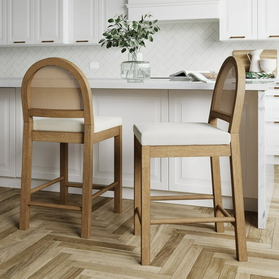 Nathan James Bailey Boucle Upholstered Rattan Bar Stool, Counter Height Stool with Natural Rattan Woven Back For Kitchen Island, Light Brown, Set of 2