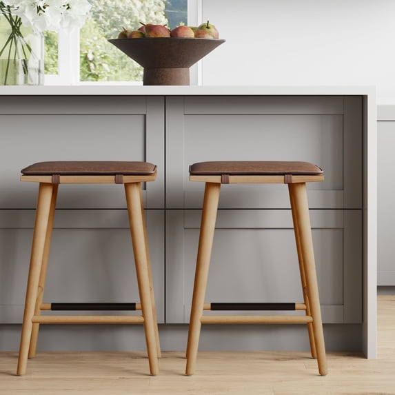 Nathan James Barker Classic Counter Height Wood Barstool with Leather Removable Cushion, Backless Island 24" Bar Stool for Kitchen, Chestnut Brown, Set of 2