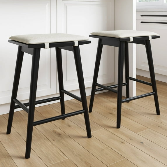 Nathan James Barker Counter Height Wood Barstool with Upholstered Cushion, Backless Island Stool for Kitchen, Black/White, Set of 2