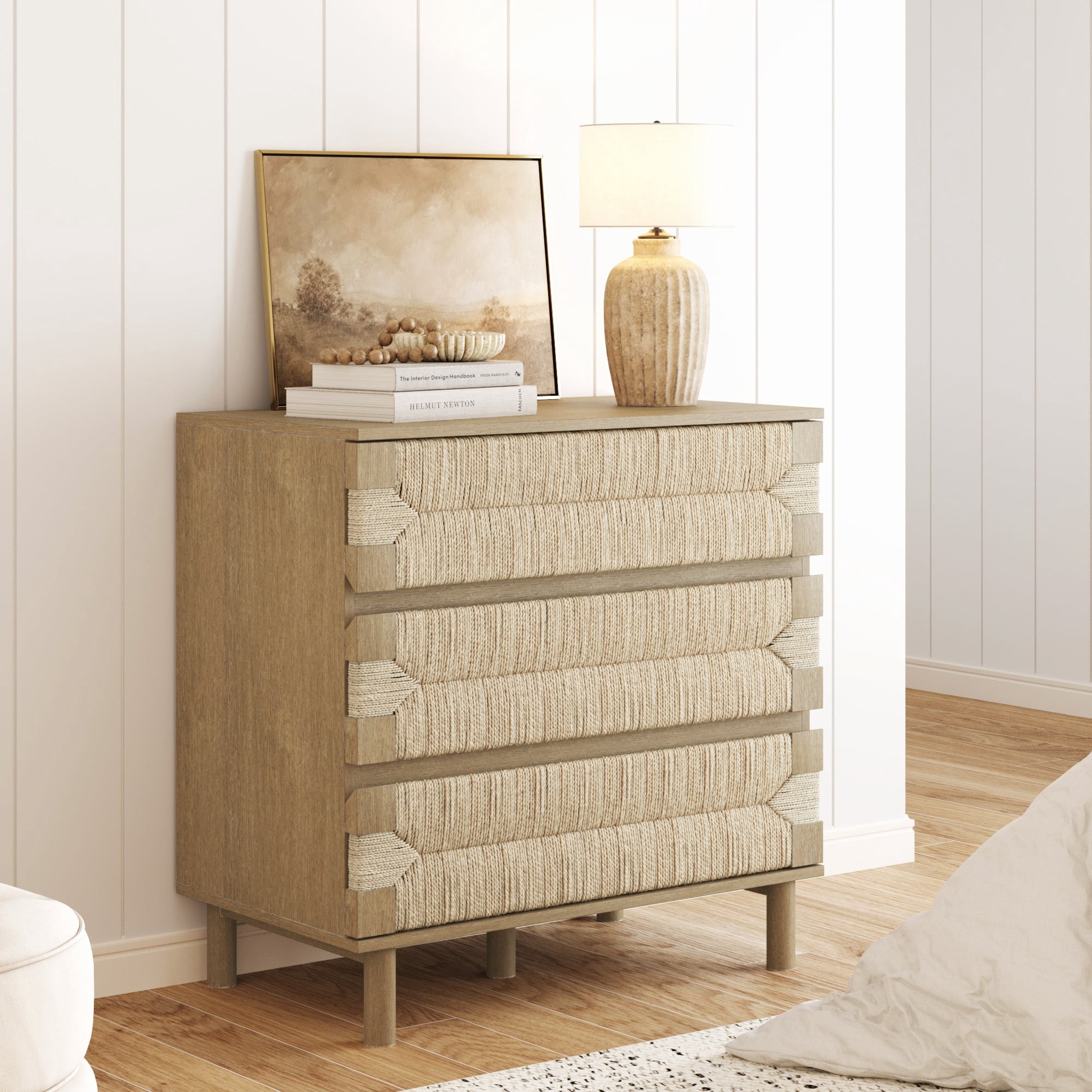 Nathan James Beacon 3 Drawer Dresser, Light Brown Boho Dresser, Bohemian Woven Seagrass Bedroom Dresser