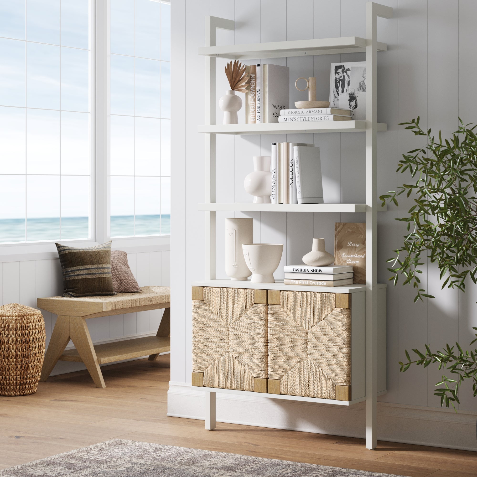 Nathan James Beacon 3-Shelf Bookcase with Seagrass Cabinet, Solid Wood ...