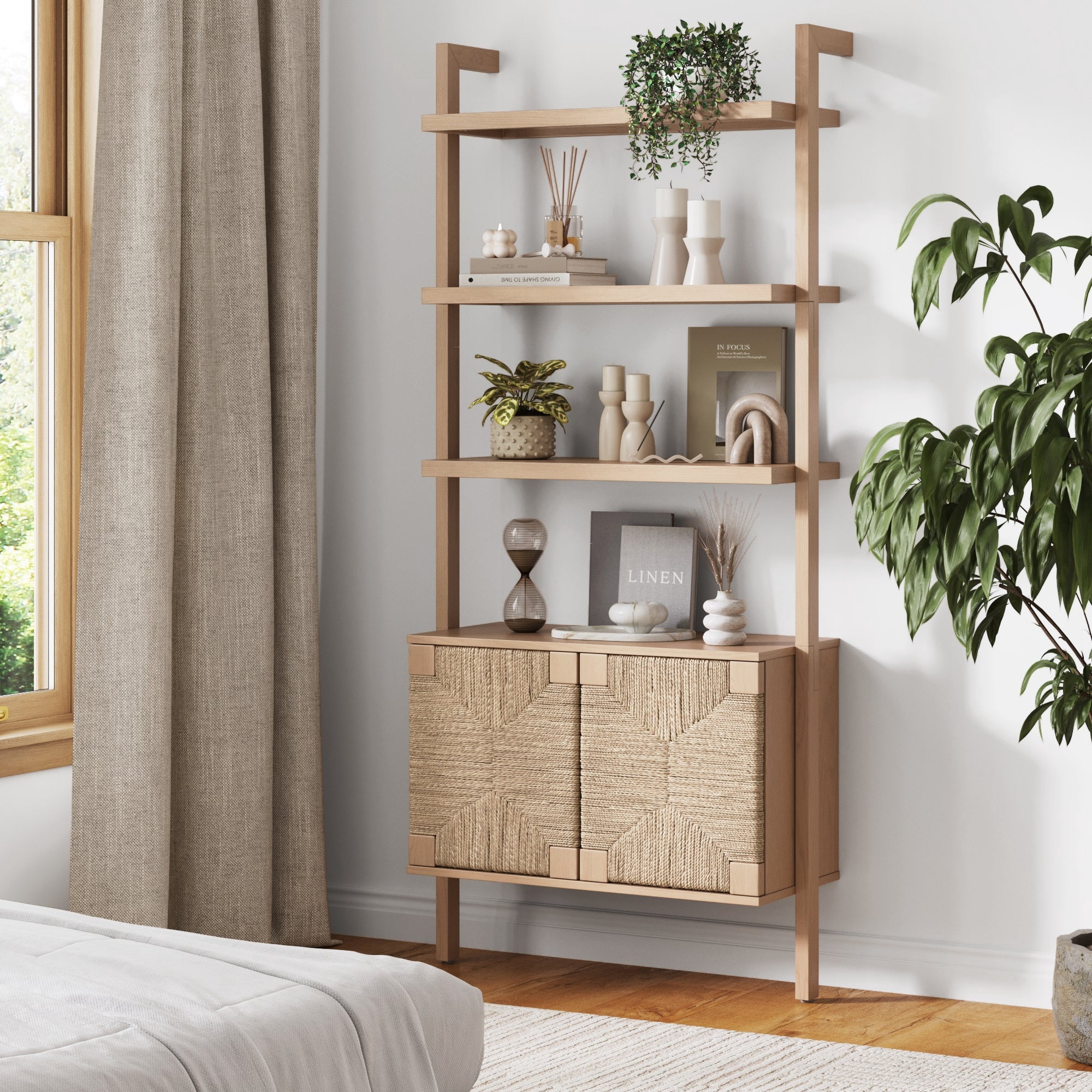 Nathan James Beacon 3-Shelf Bookcase with Seagrass Cabinet, Solid Wood Bookshelf with Storage with Solid Wood Frame, Seagrass/Raw Oak
