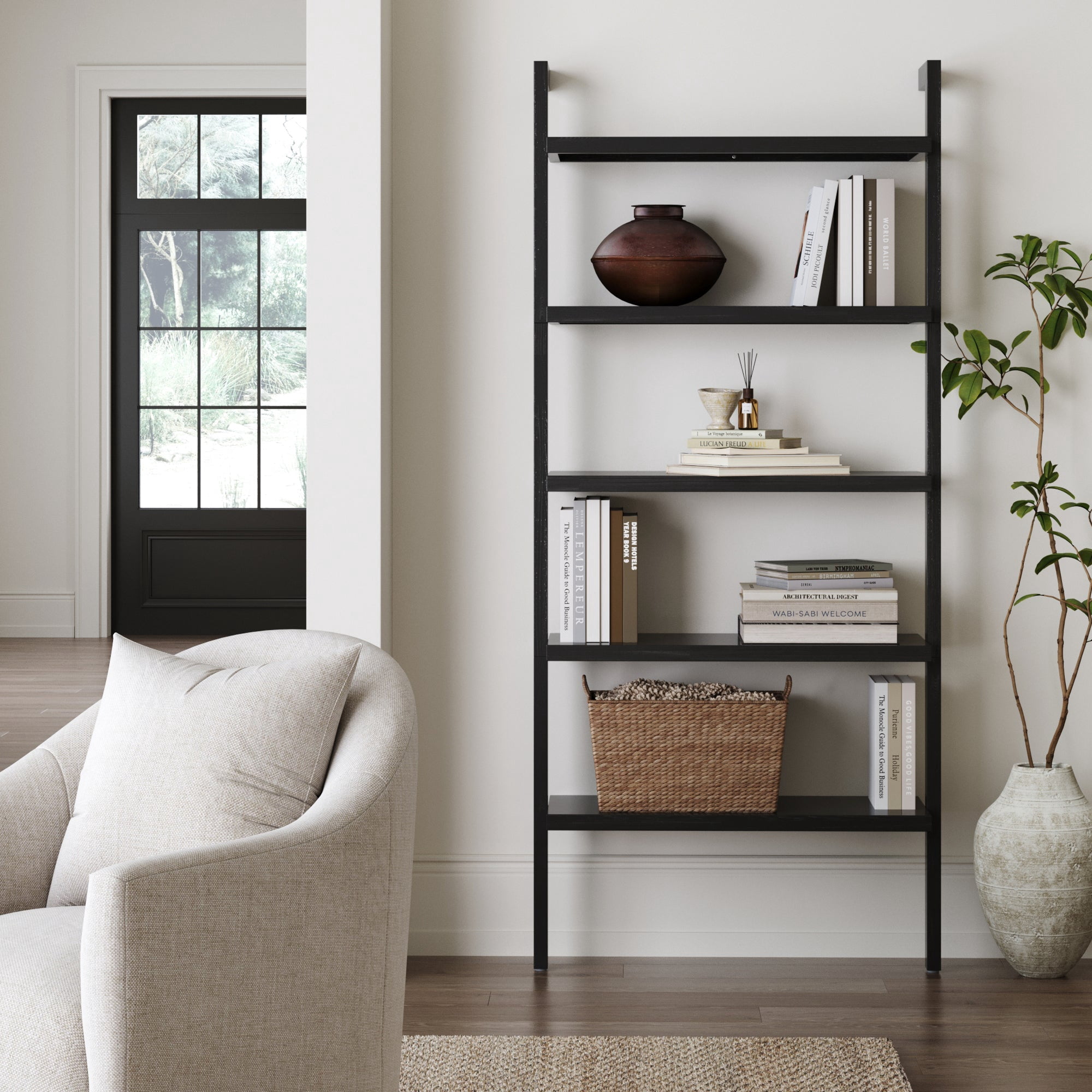 Nathan James Beacon Bohemian 5 Tier Bookshelf, Wall Mounted Bookcase, Solid Wood Bookshelf in Black Oak