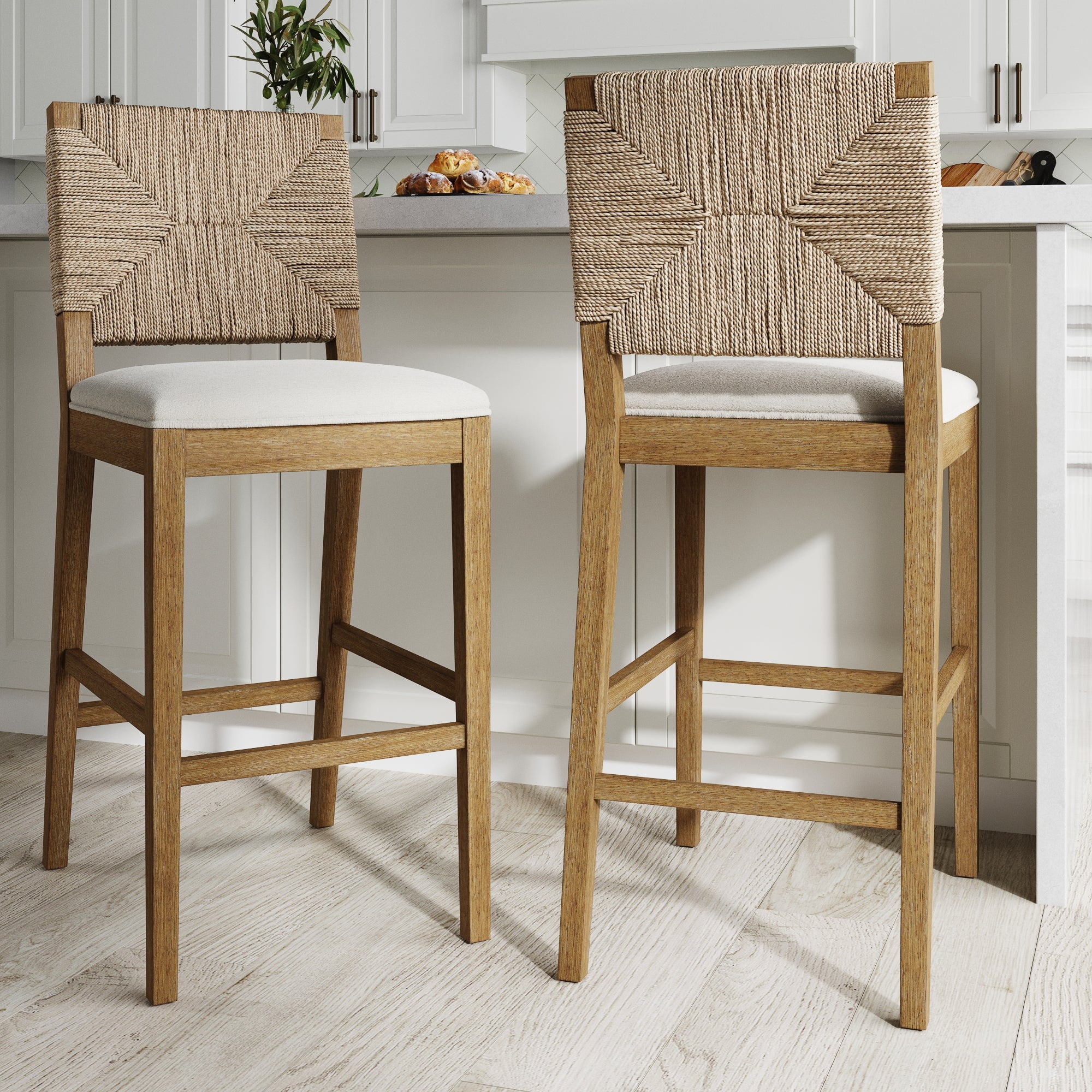 Nathan James Beacon Bohemian Boucle Bar Stool with Back, Bar Height Kitchen Island Chair, Seagrass Bar Stool, Cream Boucle/Brushed Light Brown, Set of 2