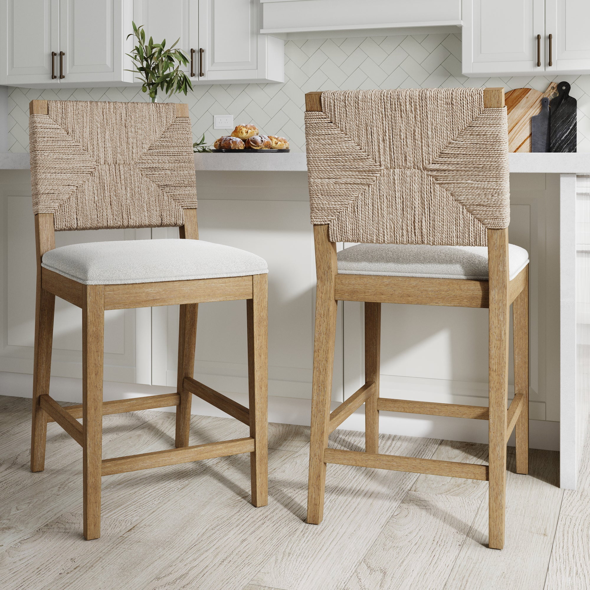Nathan James Beacon Bohemian Boucle Bar Stool, Upholstered Counter Height Chair with Solid Wood Frame and Woven Seagrass Back for Kitchen Island, Set of 2
