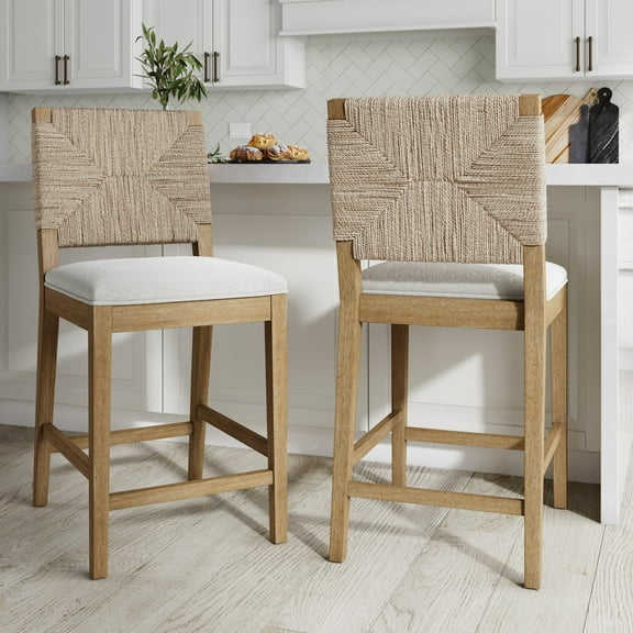 Nathan James Beacon Bohemian Boucle Bar Stool, Upholstered Counter Height Chair with Solid Wood Frame and Woven Seagrass Back for Kitchen Island, Set of 2