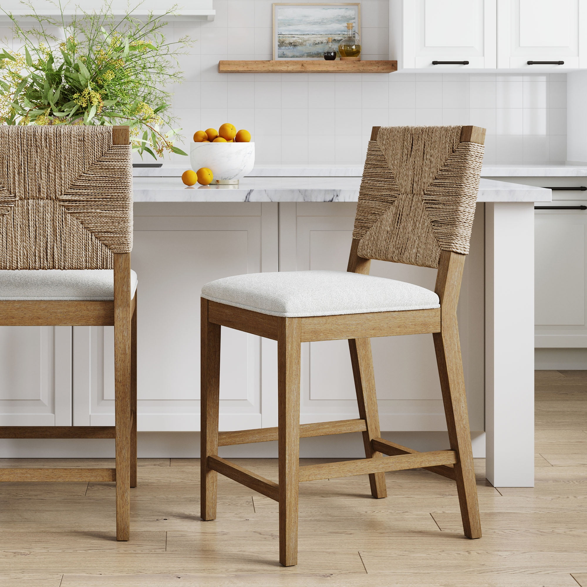 Beacon Bohemian Boucle Bar Stool Upholstered Counter Height Chair with Solid Wood Frame and Woven Seagrass Back