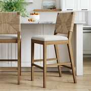 Nathan James Beacon Bohemian Boucle Bar Stool with Back, Bar Height Kitchen Island Chair, Seagrass Bar Stool, Cream Boucle/Brushed Light Brown