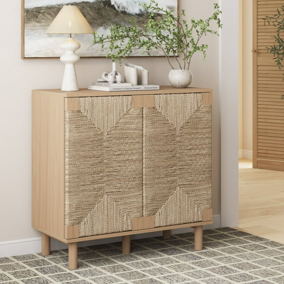 Nathan James Beacon Boho Accent Cabinet with Doors, Free Standing Kitchen Cabinet Storage with Adjustable Interior Shelf and Seagrass Accent, Seagrass/Raw Oak
