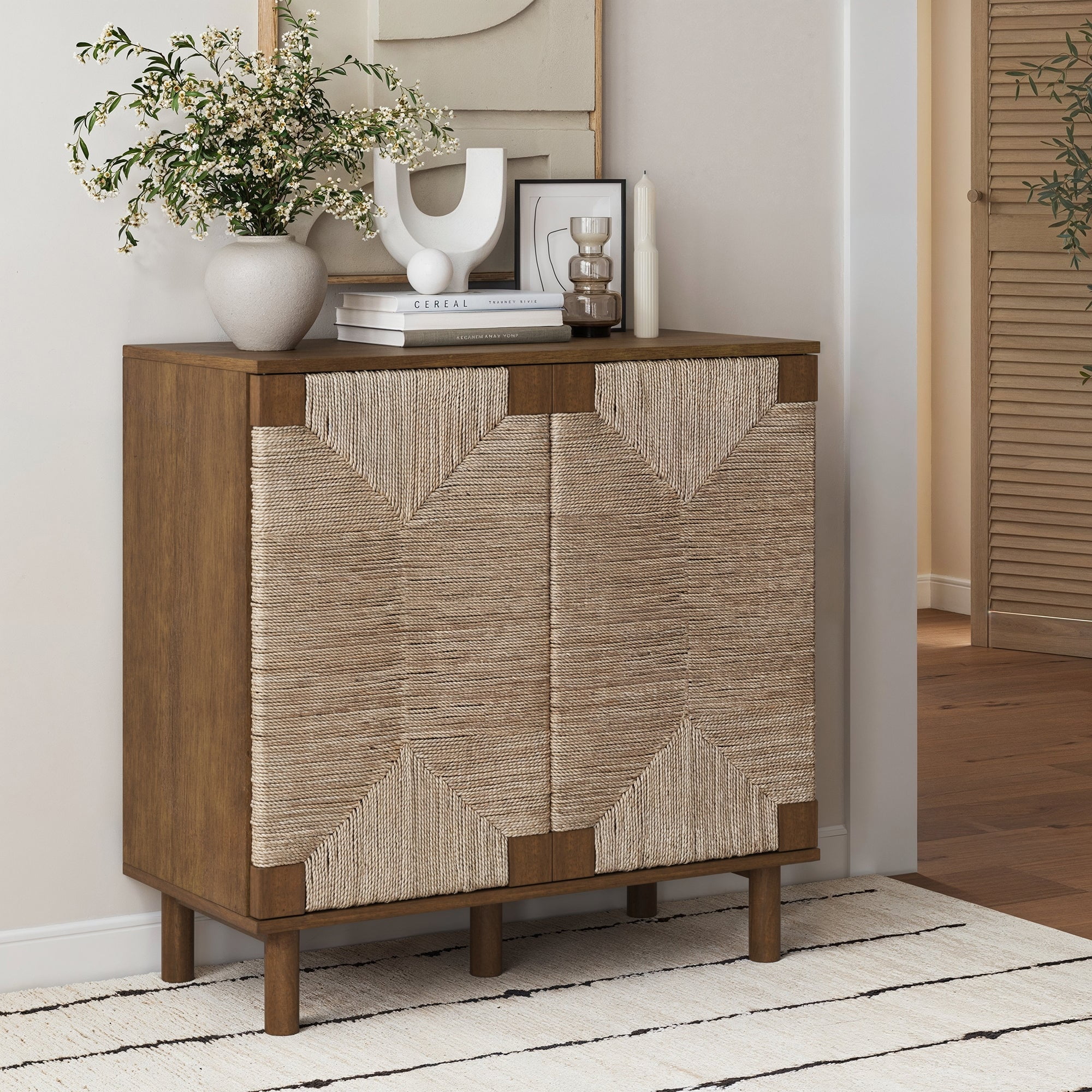 Dark Brown Solid Wood and Seagrass Accent Cabinet