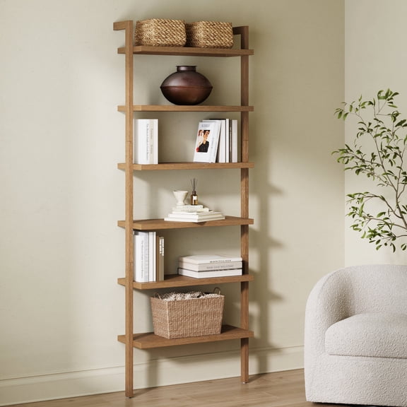 Nathan James Beacon Scandinavian 6-Shelf Wooden Wall Mounted Bookcase, Rustic Solid Wood Bookshelf, Light Brown
