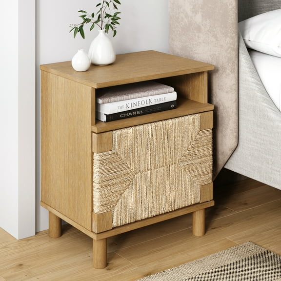Nathan James Beacon Wood Nightstand, Bohemian Accent Table or Sofa Side Table with Seagrass Door for Bedroom or Living Room, Light Brown