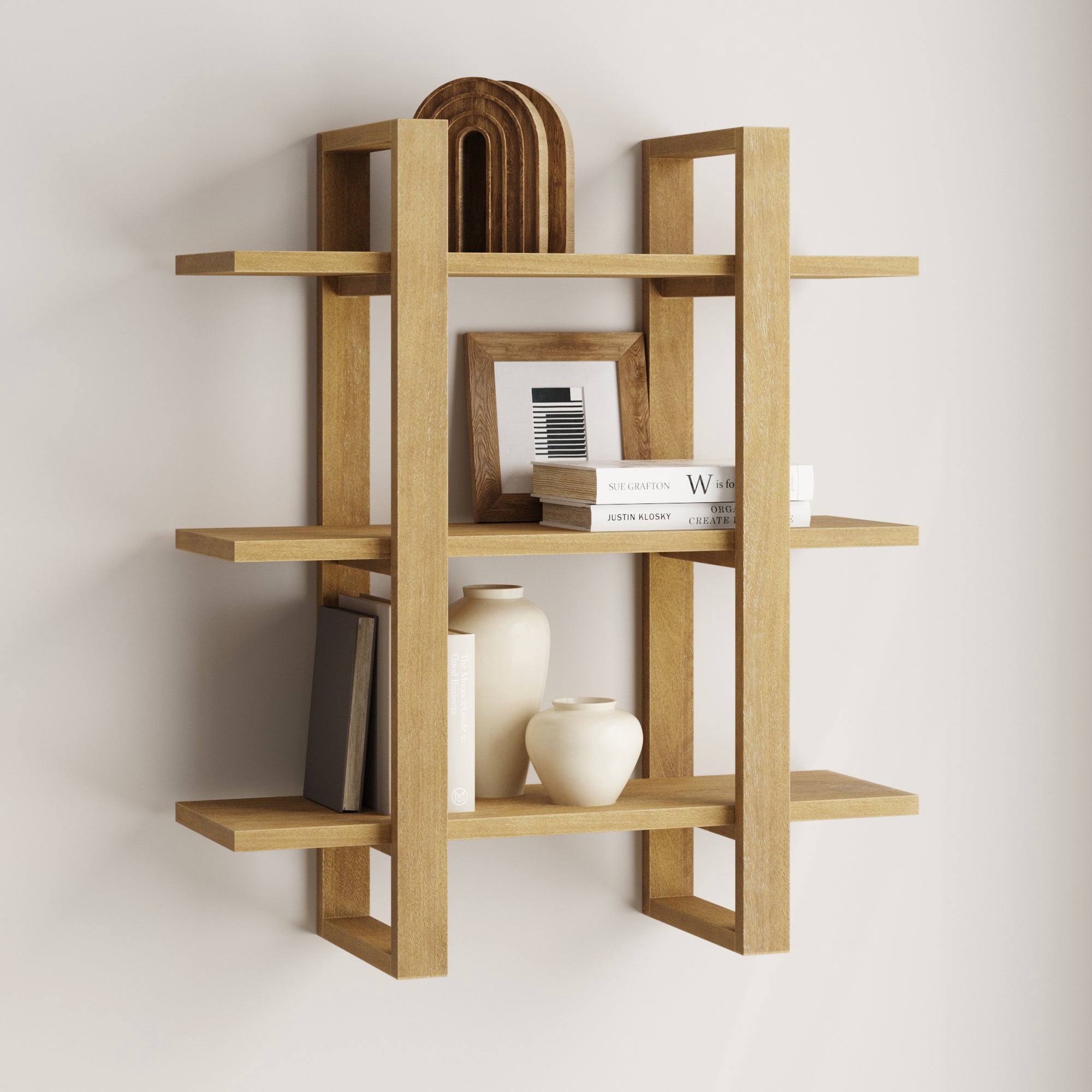 Nathan James Benji Mid Century Wall Unit Bookcase, Decorative Floating 3-Tier Wood Shelf, Light Brown