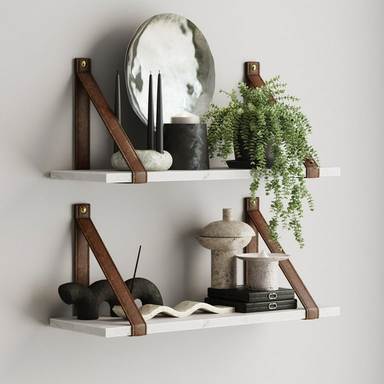 Free Shipping Nathan James Brandon Wall Mount White Marble Floating Shelf for Wall with Brown Leather Strap Marble Brown Walmart