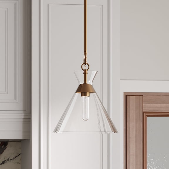 Nathan James Brighton Vintage Brass Pendant Light with Adjustable Clear Cone Glass Shade for Kitchen Island