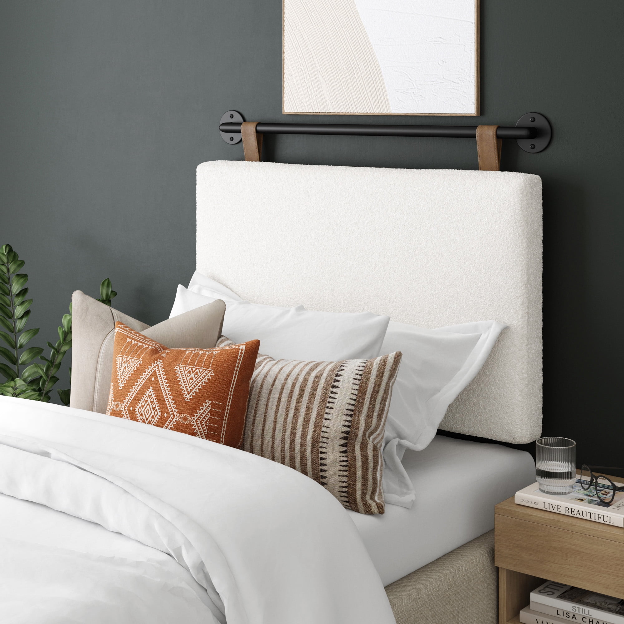 Nathan James Charlie Wall Mount Padded Headboard, Adjustable Height with Black Metal Rail for Twin Size Bed