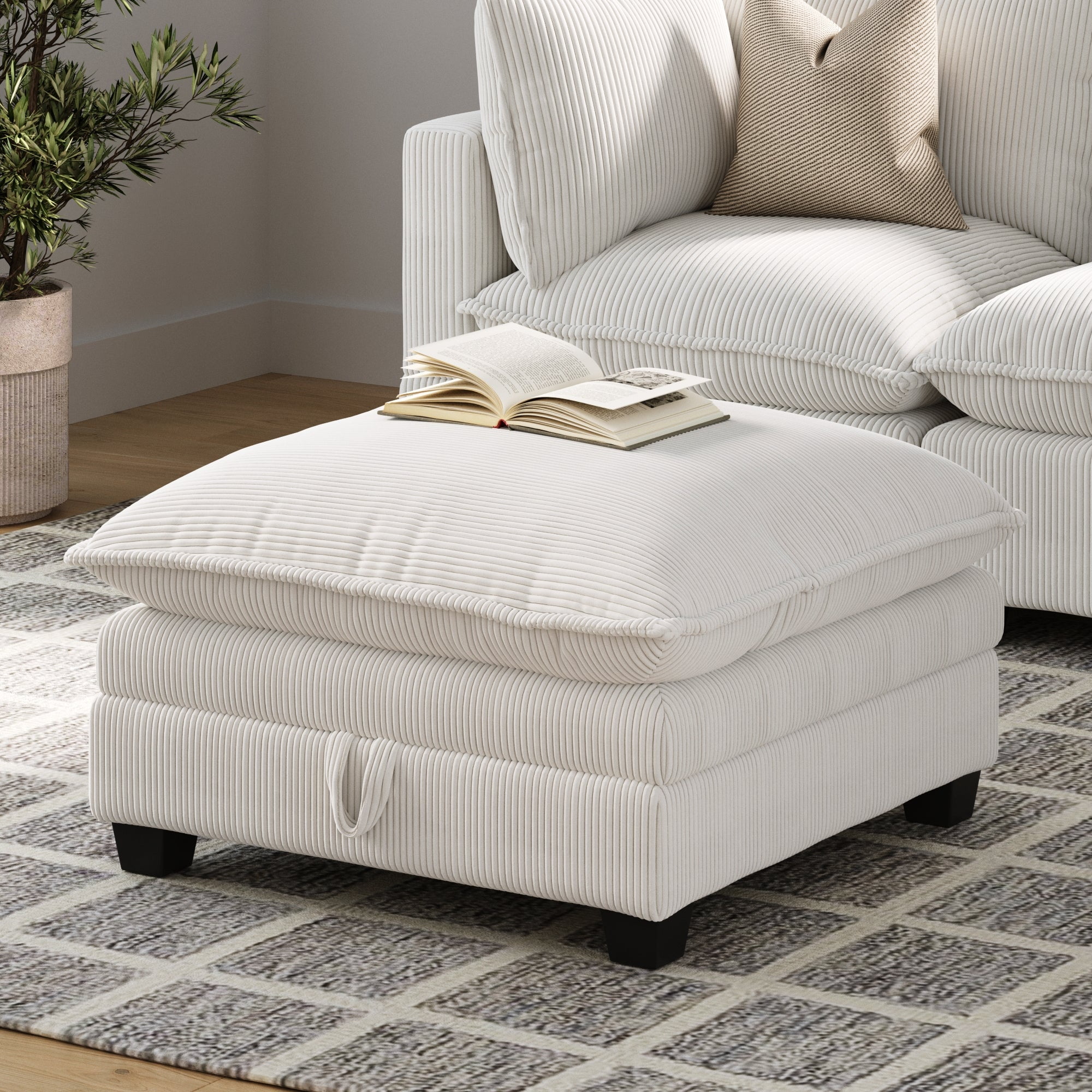 Pearl White Corduroy Upholstered Storage Ottoman with Removable Cushions