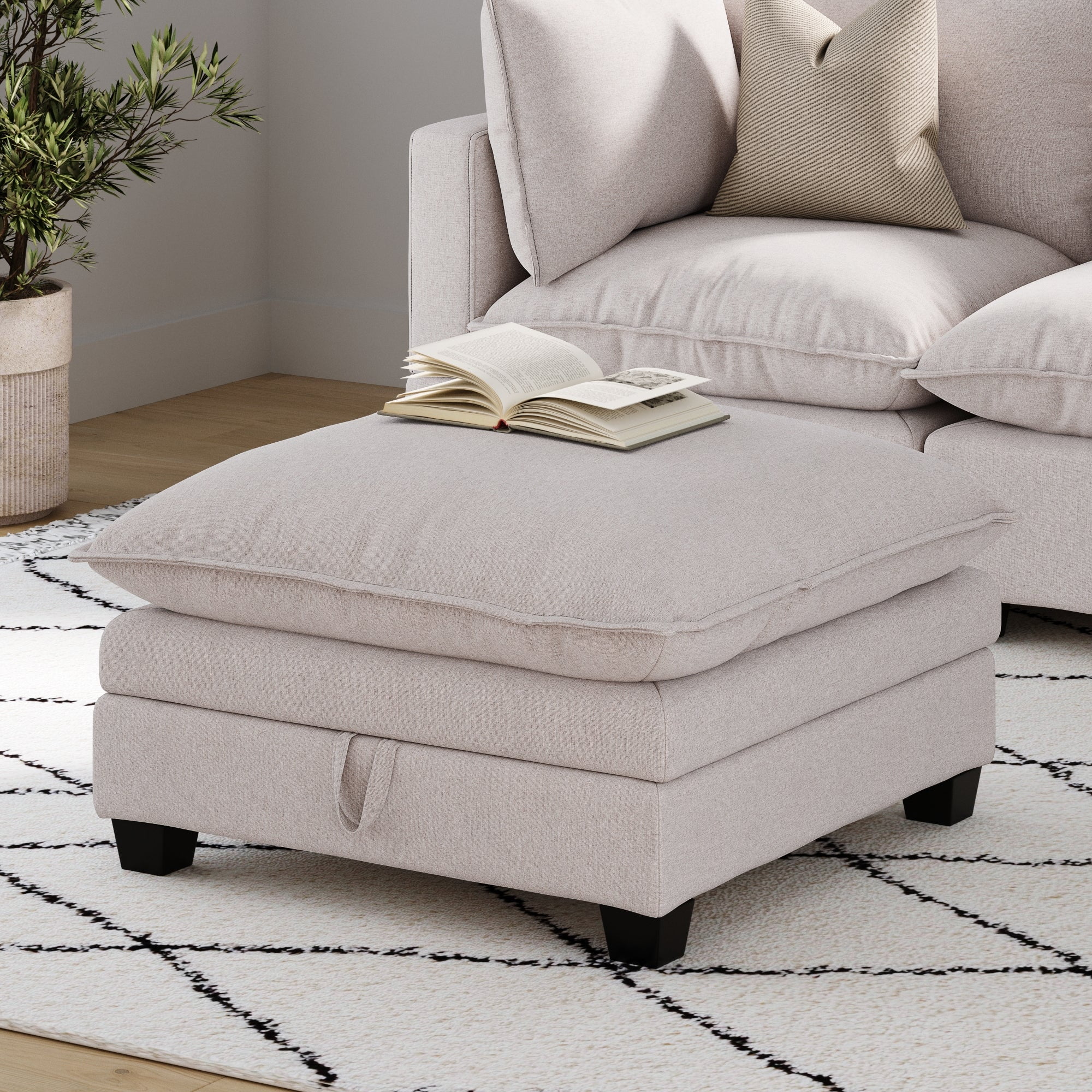 Nathan James Chelsea Modern Cloud Ottoman, Linen Fabric Upholstered Ottoman with Storage, Beige