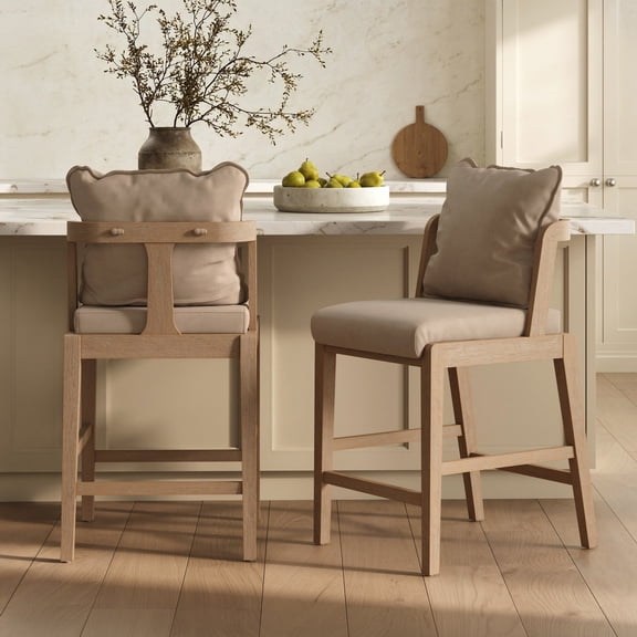 Nathan James Chuck Modern Scandinavian Faux Leather Counter Stool with Back, Light Brown Solid Wood Legs Set of 2