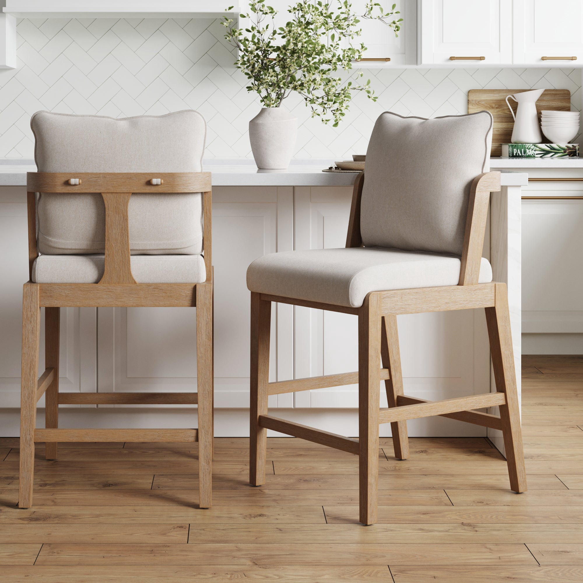 Nathan James Chuck Scandinavian 2-Pack Natural Flax Upholstered Bar Stools, Solid Wood Bar Stools with Back and Backrest Pillow, Flax/Light Brown