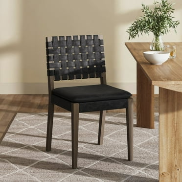 Nathan James Cohen 19 in. Wood Dining Chair, Mid-Century Modern Upholstered Side Chair with Hand Woven Faux Leather Backrest, Black