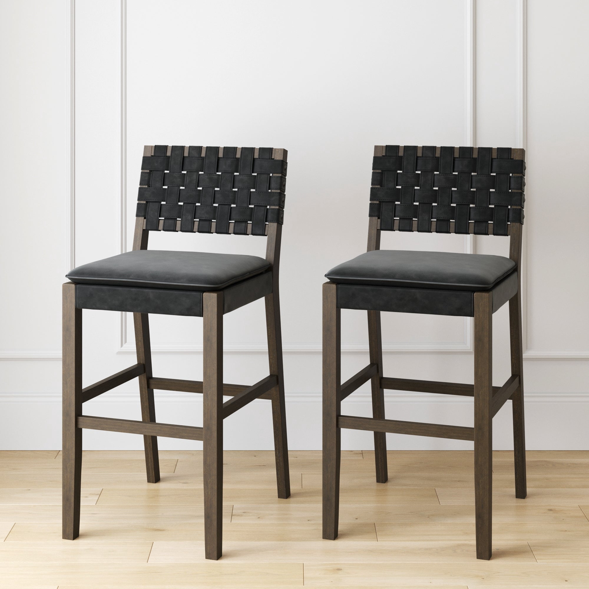 Nathan James Cohen Mid-Century Modern 29 in. Wood Bar Stool, Upholstered Faux Leather Bar Height Stool with Solid Wood Frame, Black, Set of 2