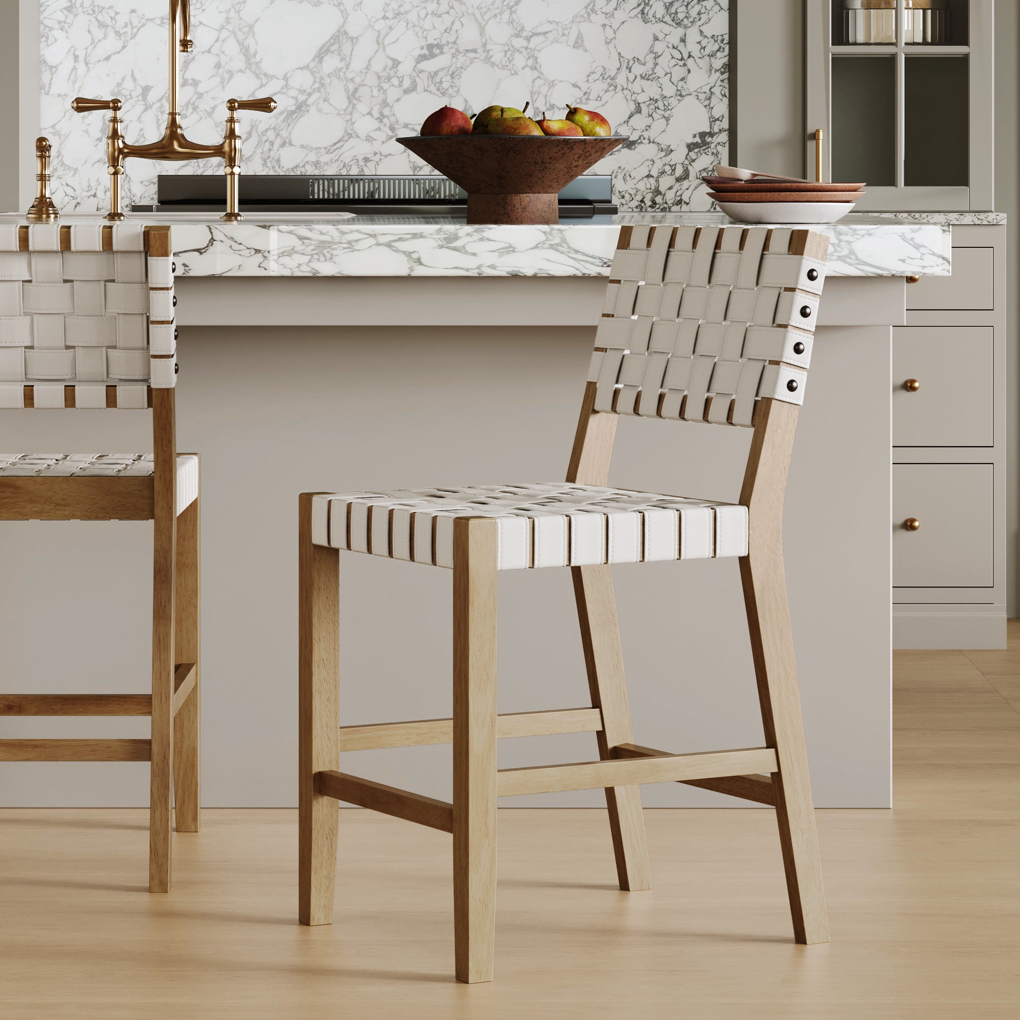 Nathan James Cohen Mid Century Modern Bar Stool, Upholstered Faux Leather Counter Stool with Back and Solid Wood Legs, Off White