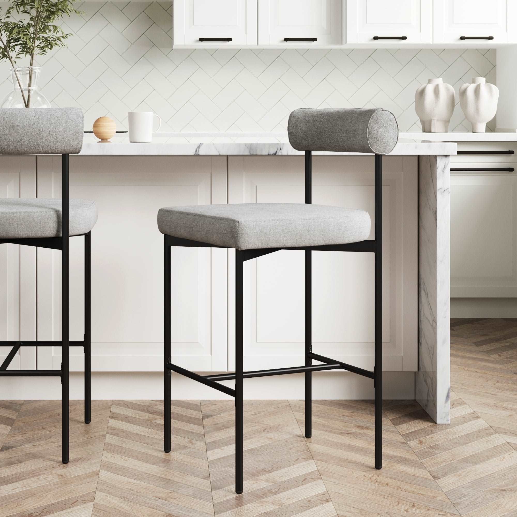 Nathan James Dahlia Bar Stool with Back & Mid-Century Metal Legs, Light Gray/Black