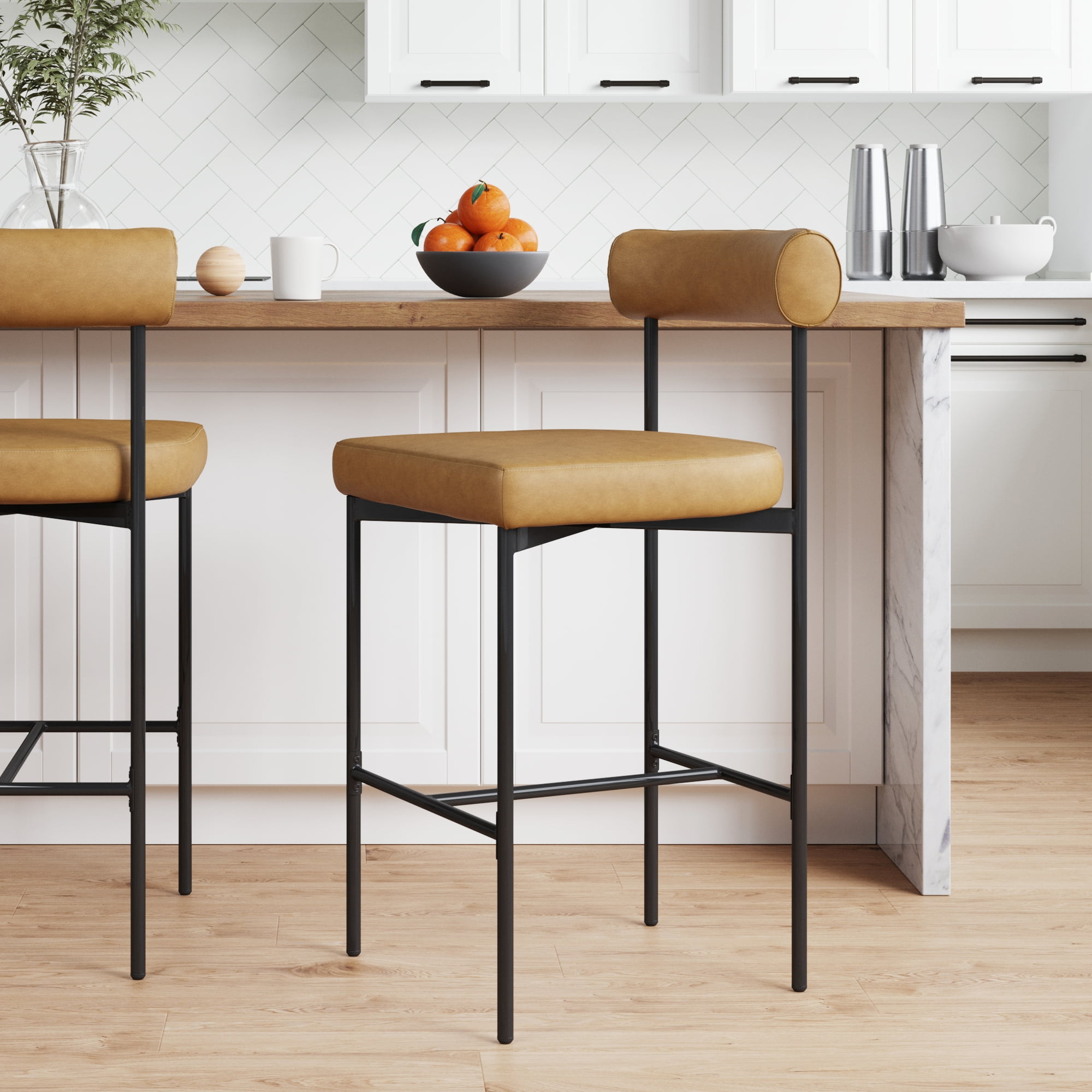 Dahlia Light Brown Leather Counter Height Barstool with Matte Black Metal Legs