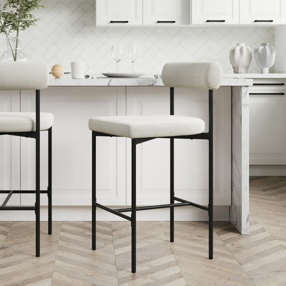 Nathan James Dahlia Counter Height Chair, Boucle Upholstered Modern Barstool with Back, Mid-Century Metal Legs and Padded Cushion for Kitchen, Island and Bars, Light Cream Boucle/Black, Set of 2