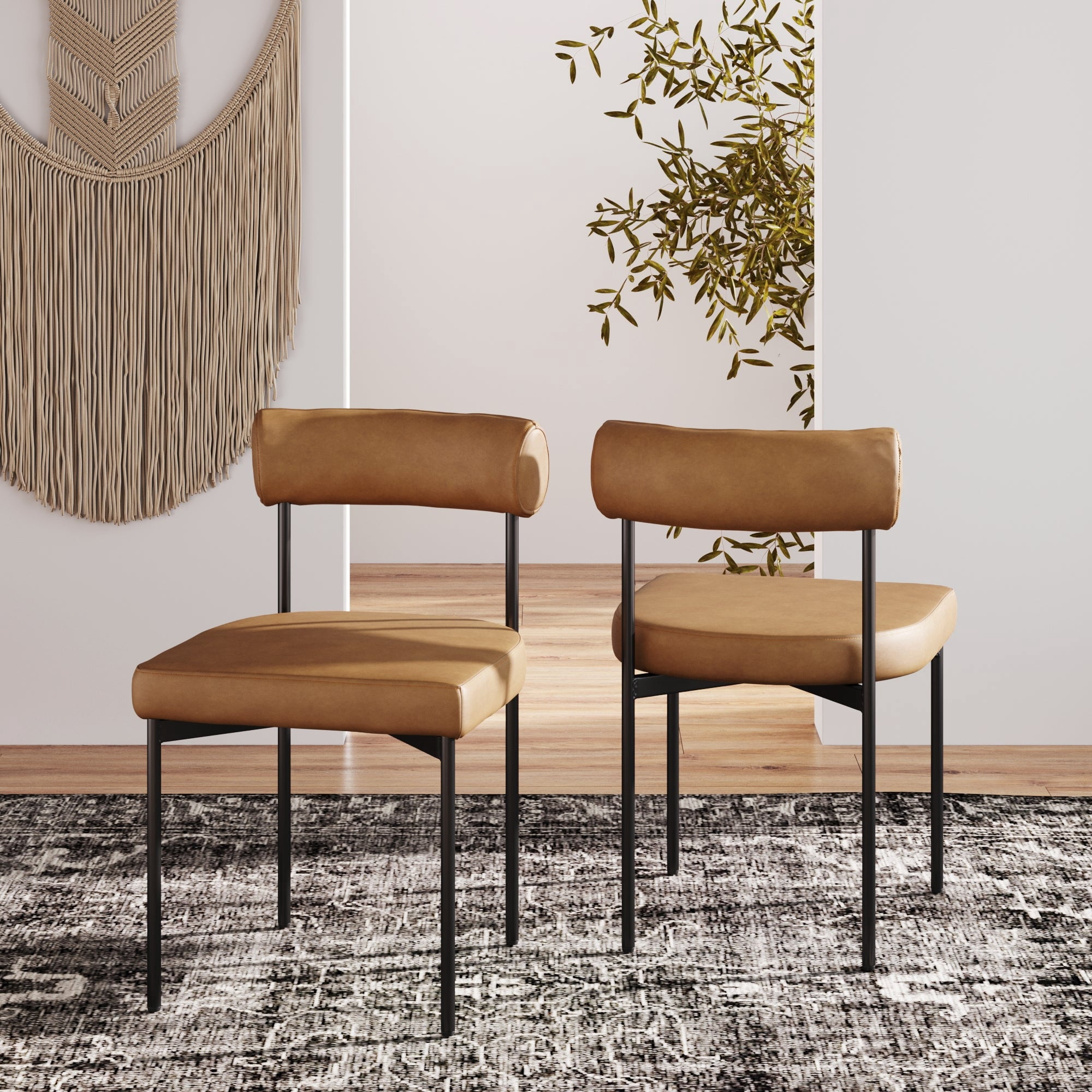 Nathan James Dahlia Modern Kitchen and Dining Chair with Metal Legs and Vegan Leather Upholstery, Brown/Black, Set of 2