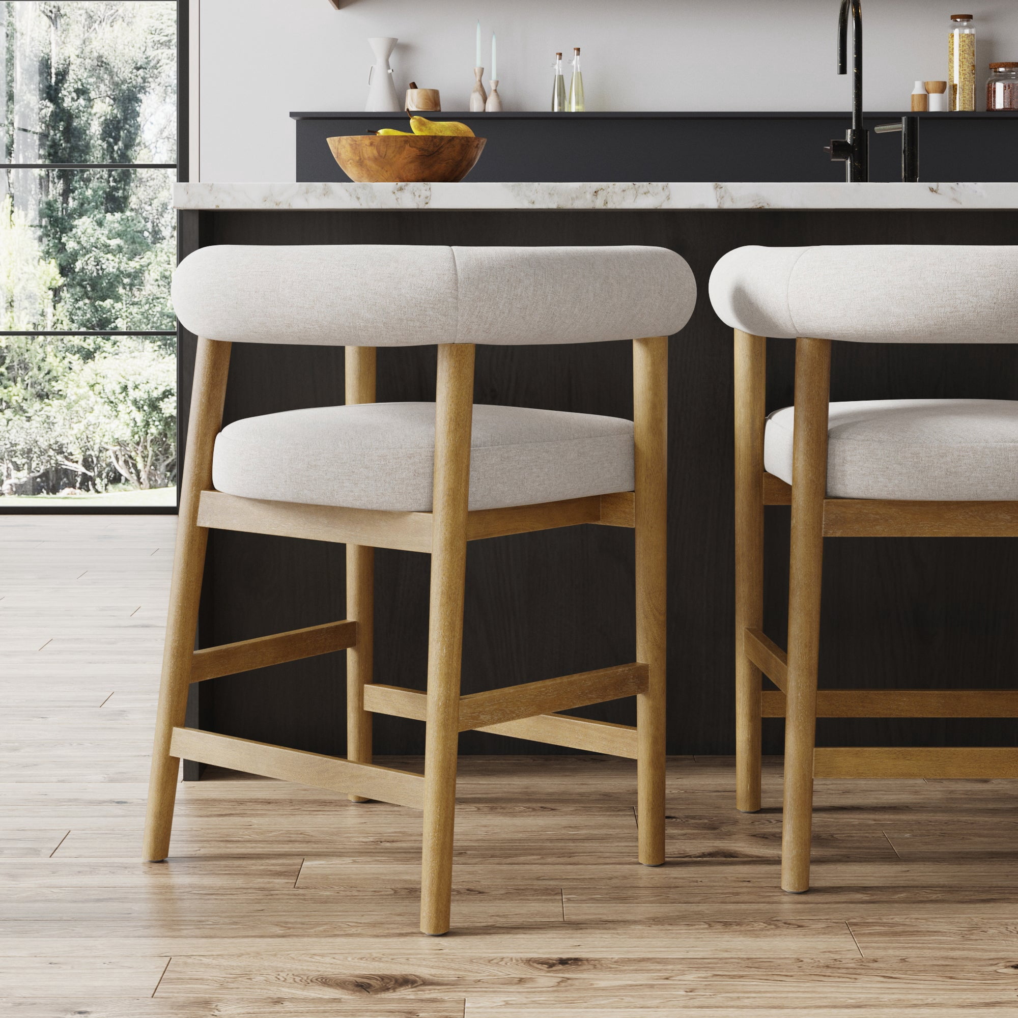 Nathan James Demi Modern Barrel Bar Stool with Solid Wood Legs and Natural Flax Upholstery, Wooden Bistro Bar Stool with Curved Back, Flax/Light Brown