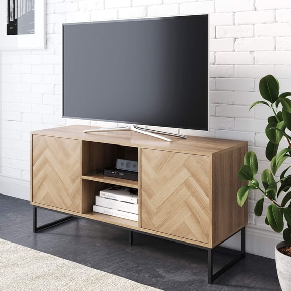 Nathan James Dylan Media Console Cabinet or TV Stand with Doors for Hidden Storage in a Natural Reclaimed Oak Herringbone Wood Pattern and Metal, Oak/Matte Black