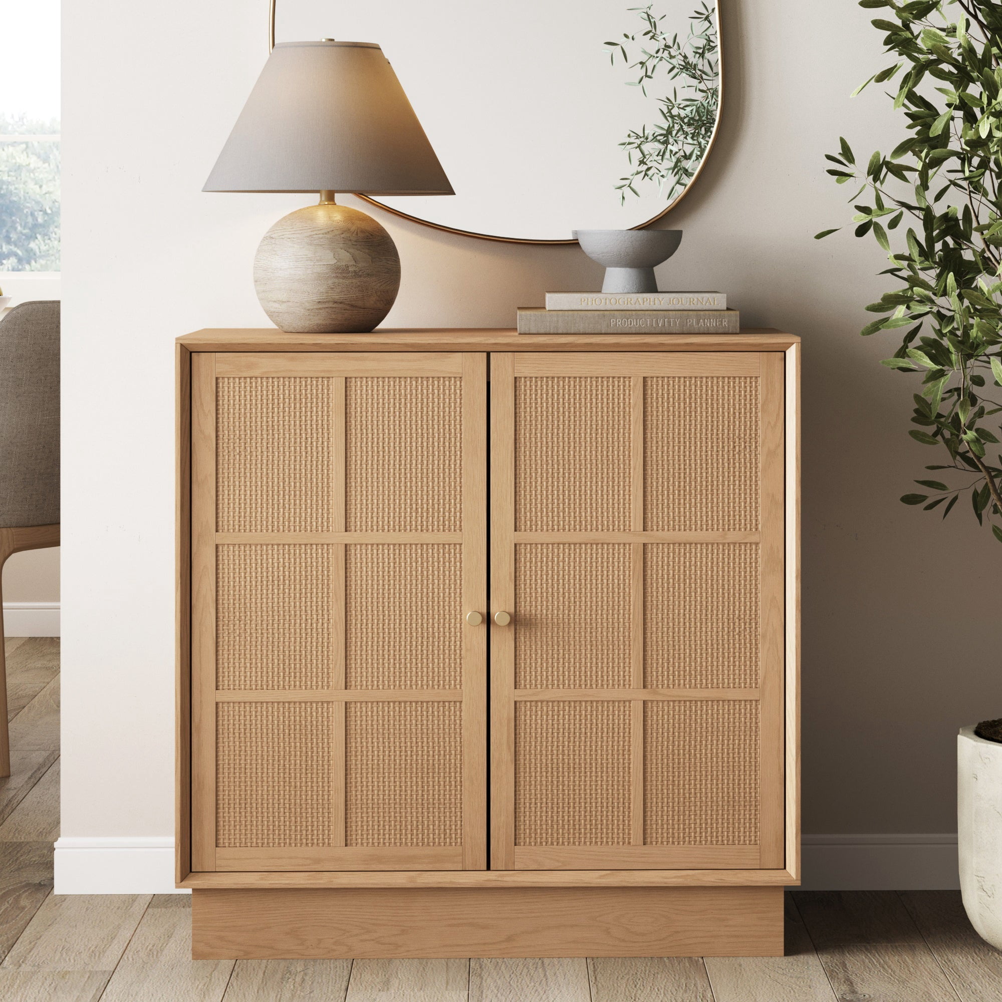 Nathan James Elise Modern Coastal Storage Cabinet, Oak TV Cabinet Stand or Rattan Storage Cabinet with Doors and Brass Door Handles, Raw Oak