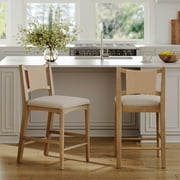 Nathan James Elodia Boho Counter Height Bar Stool with Back, Woven Seagrass Backrest and Solid Wood Frame, Light Brown