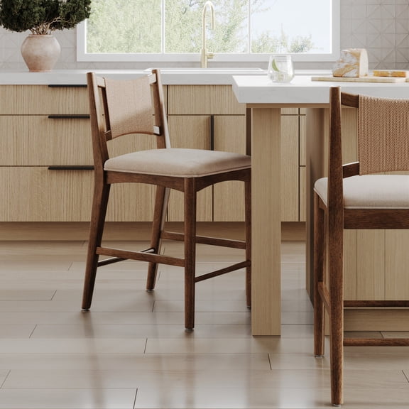 Nathan James Elodia Counter Height Stool with Seagrass Back and Solid Wood Frame, Light Brown