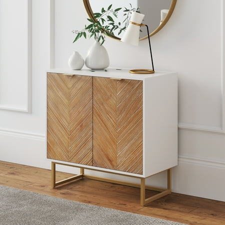 Nathan James Enloe White Frame Brown Rustic Doors Gold Base Free Standing Modern Storage Cabinet for Entryway